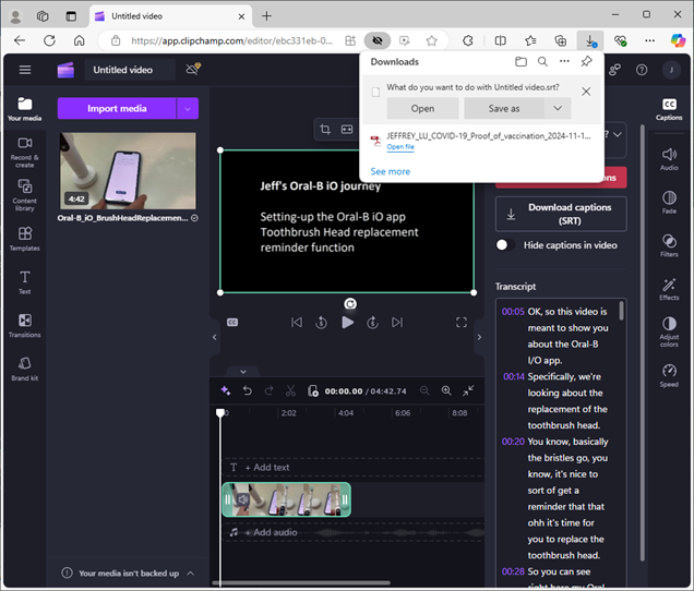 Clipchamp Imported Media Captions Save As screen