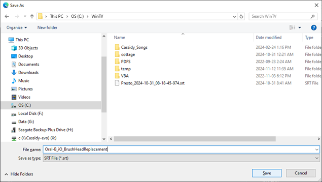 Clipchamp Imported Media Captions Save As Location screen