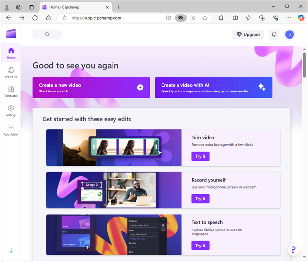 Clipchamp Get Started screen