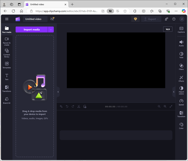 Clipchamp Import Media screen