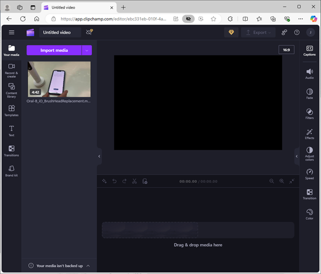 Clipchamp Imported Media screen