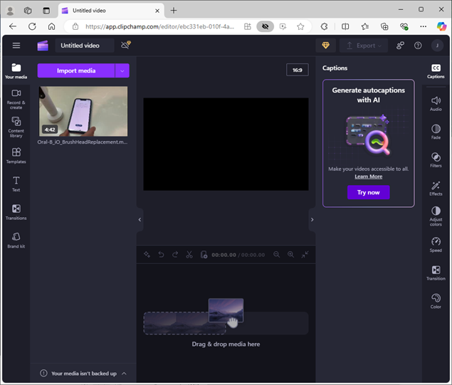 Clipchamp Imported Media Captioning screen